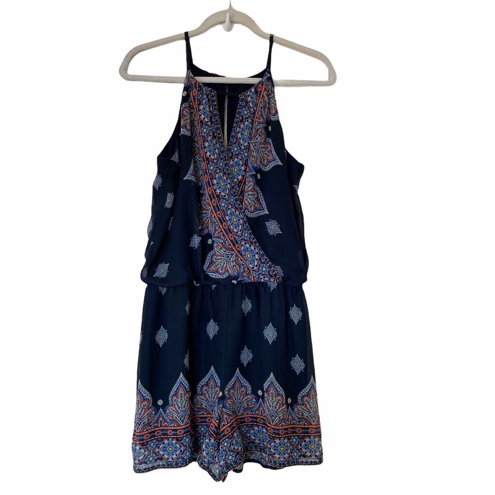 BCX Sleeveless Halter Tank Spaghetti Strap Romper Lined Blue Size Medium